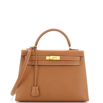 Hermes Kelly Handbag Brown Courchevel with Gold Hardware 32