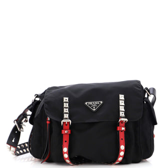 Prada New Vela Flap Messenger Bag Tessuto with Studded Leather Medium