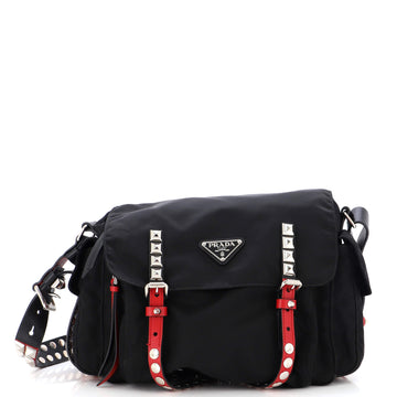 Prada New Vela Flap Messenger Bag Tessuto with Studded Leather Medium