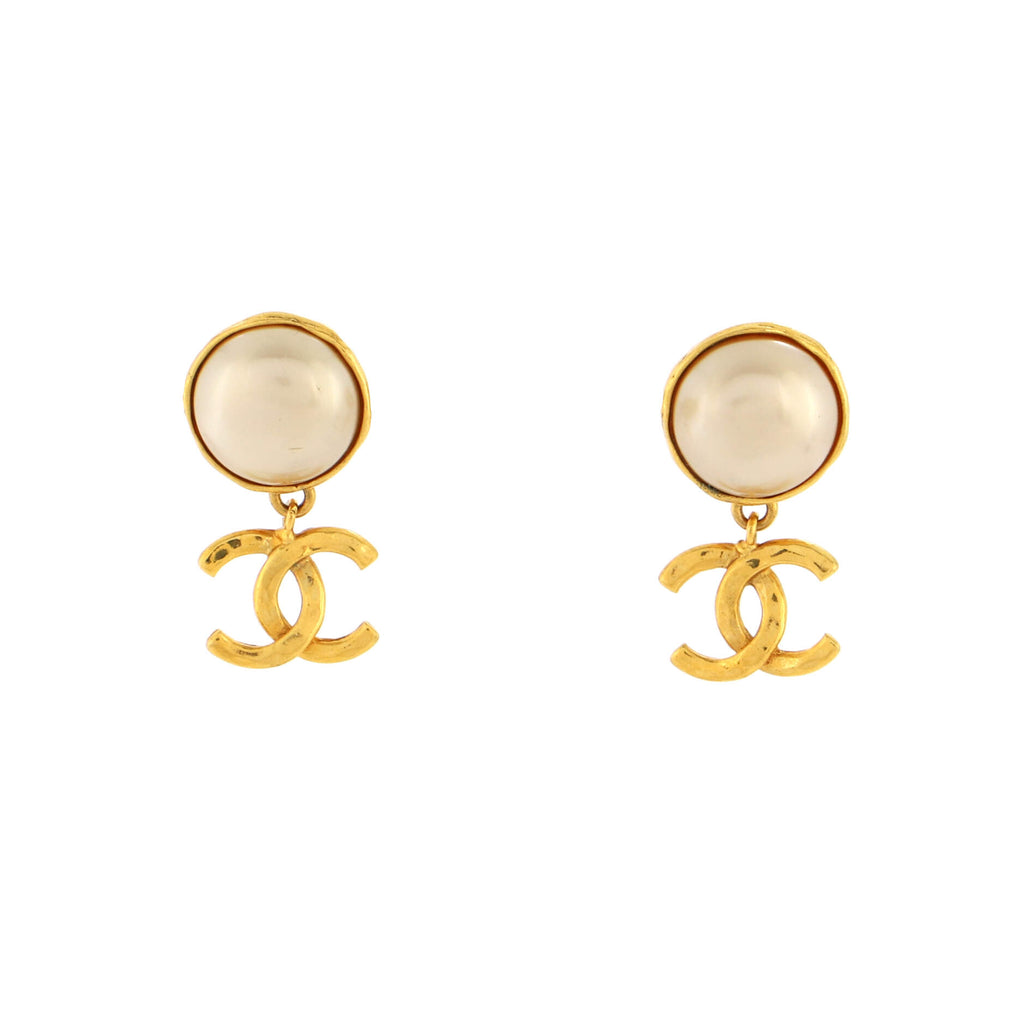 Chanel Vintage CC Drop Clip-On Earrings Metal with Faux Pearl Gold 21548727