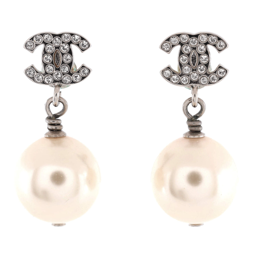 Chanel CC Drop Earrings Metal with Crystals and Faux Pearls Silver