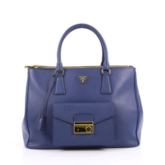 Prada Front Pocket Double Zip Lux Tote Saffiano Leather Medium Blue 2161601