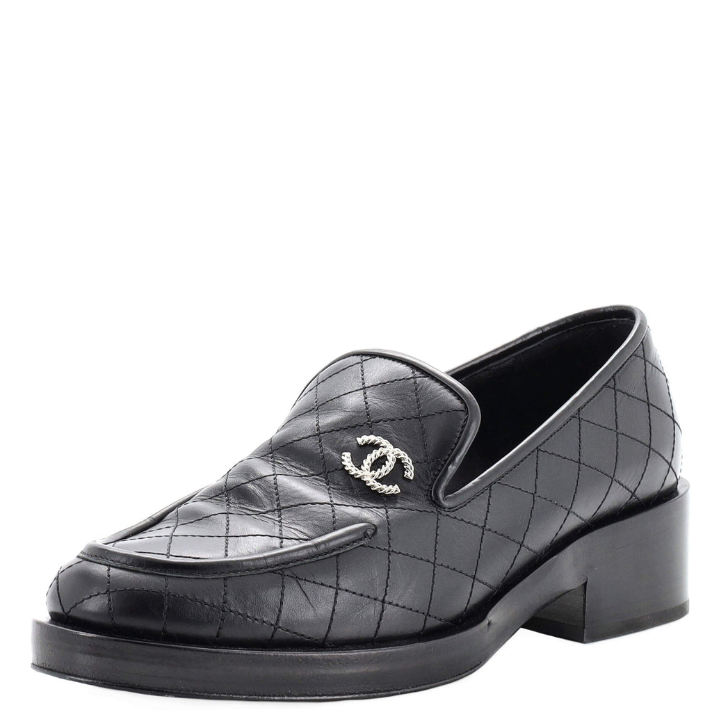 Chanel Women's CC Platform Loafers Stitched Leather Black 2162461