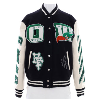 Off White Women's Patches Varsity Bomber Jacket Wool and Leather