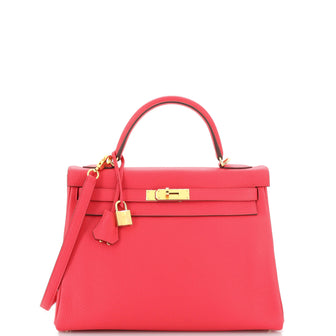 Hermes Kelly Handbag Pink Clemence with Gold Hardware 32