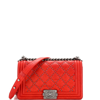 Chanel Boy Flap Bag Studded Quilted Distressed Calfskin Old Medium