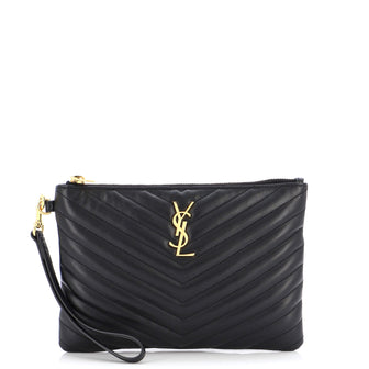 Saint Laurent Classic Monogram Wristlet Pouch Matelasse Chevron Leather Small