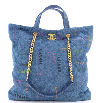Chanel Denim Mood Shopping Tote Logo Printed Quilted Denim Maxi