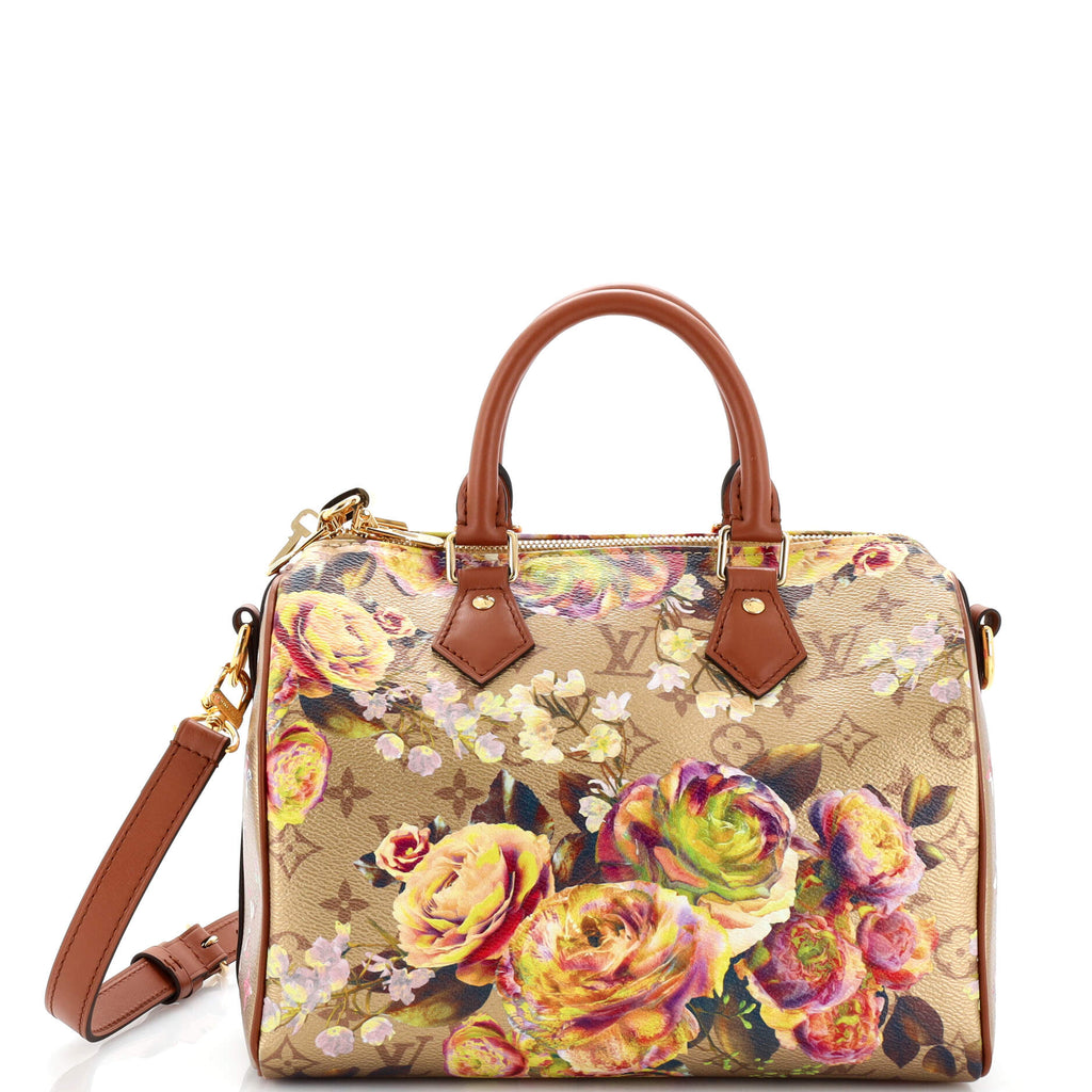 Louis Vuitton Speedy Bandouliere 25 Floral Pattern Gold in Coated