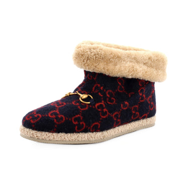 Gucci Women's Fria Horsebit Ankle Boots GG Wool and Shearling