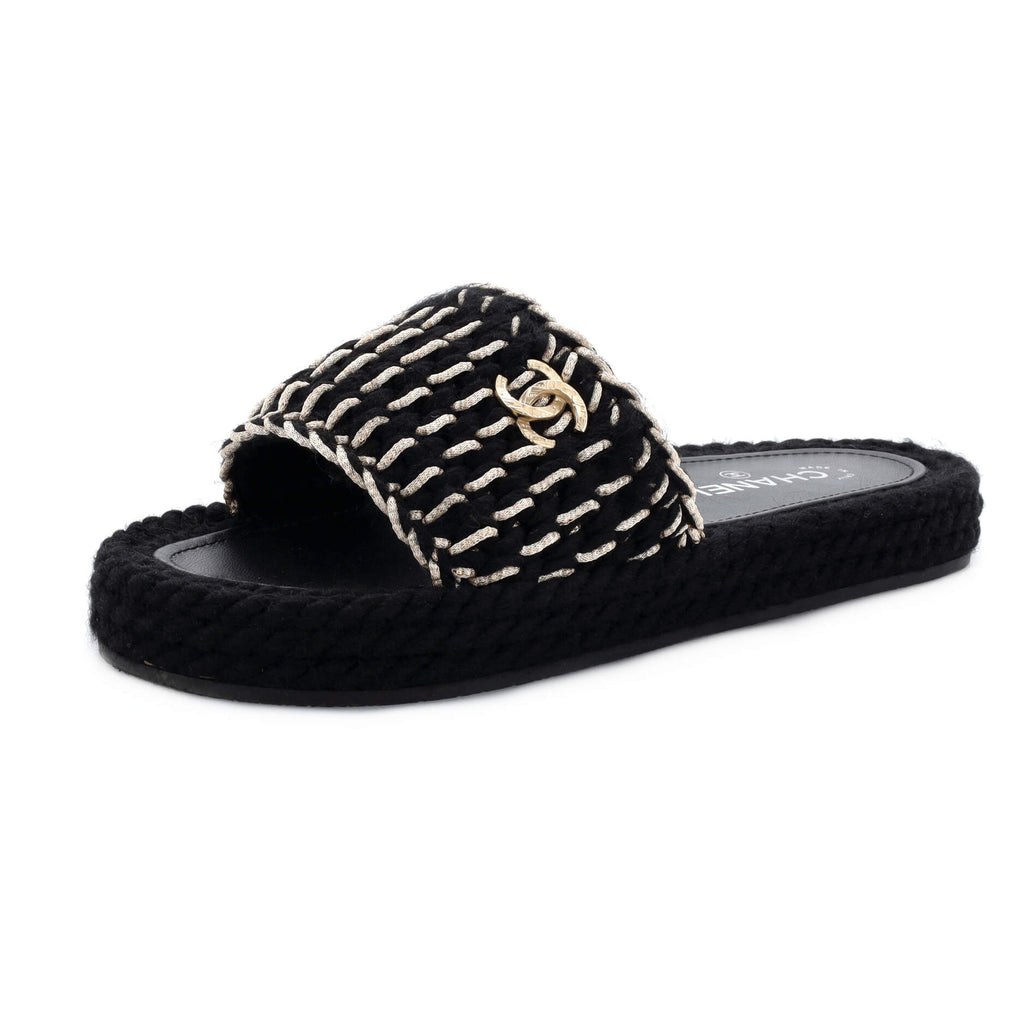 Chanel Women's CC Slide Sandals Braided Knit Black 2165423