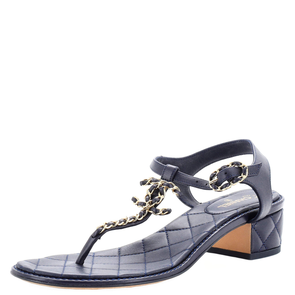 Chanel Women's CC Chain T-Strap Sandals Quilted Leather Blue 2165641