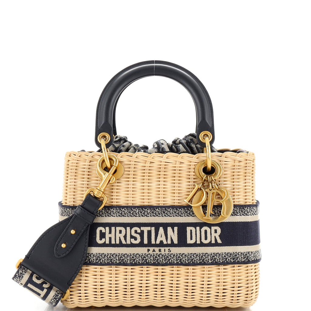 Dior バッグ Christian Dior Christian Dior Natural Wicker/Blue Oblique Canvas Medium Lady Dior