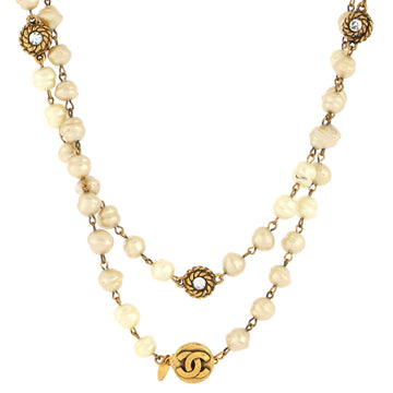 Chanel Vintage Long Necklace Metal with Crystals and Faux Pearls