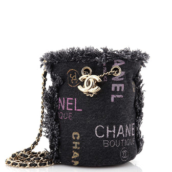 Chanel Denim Mood Chain Bucket Bag Logo Printed Quilted Fringe Denim Mini