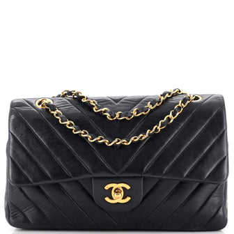 Chanel Vintage Classic Double Flap Bag Chevron Lambskin Medium Black  21664236