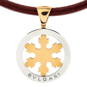 Bvlgari Tondo Snowflake Pendant Necklace 18K Yellow Gold and Stainless Steel with Leather
