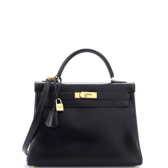 Hermes Kelly Handbag Black Box Calf with Gold Hardware 32