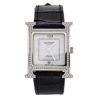 Hermes Heure H Automatic Watch Stainless Steel and Alligator with Diamond Bezel 26