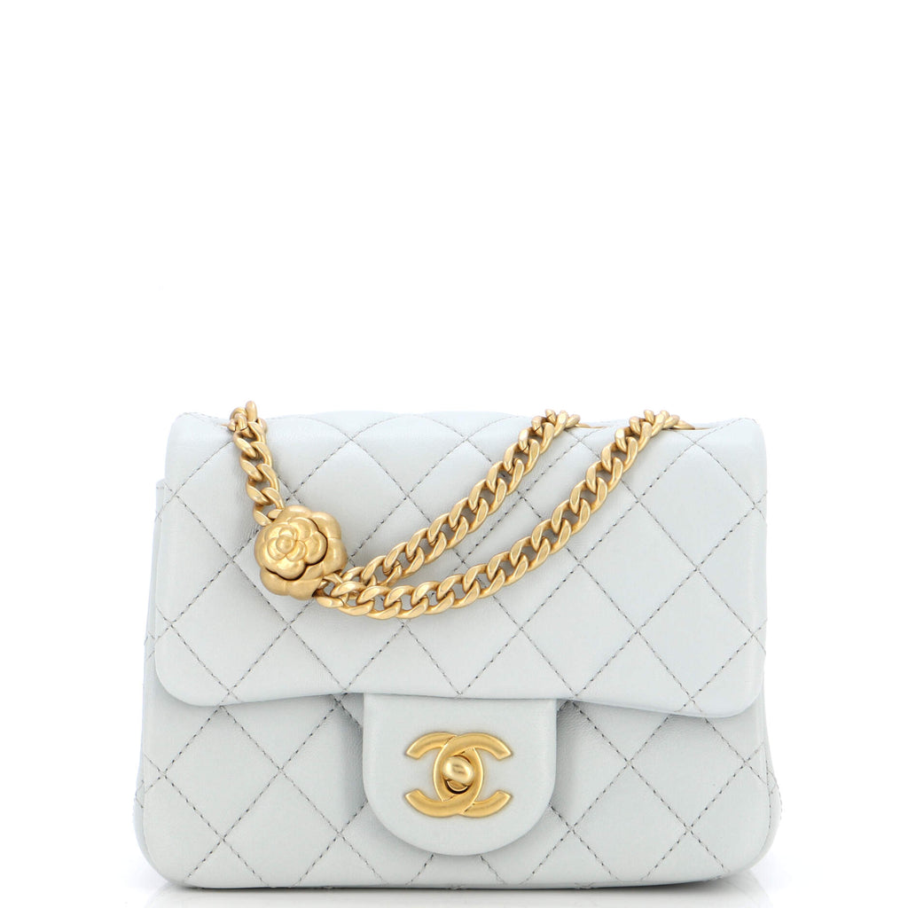 Chanel Sweet Camellia Adjustable Chain Square Flap Bag Quilted Lambskin  Mini Blue 2168401