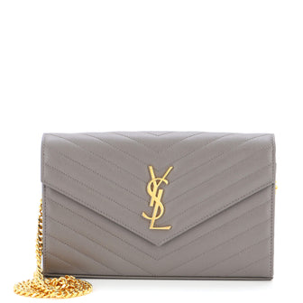 Saint Laurent Classic Monogram Wallet on Chain Matelasse Chevron Metallic Leather Medium
