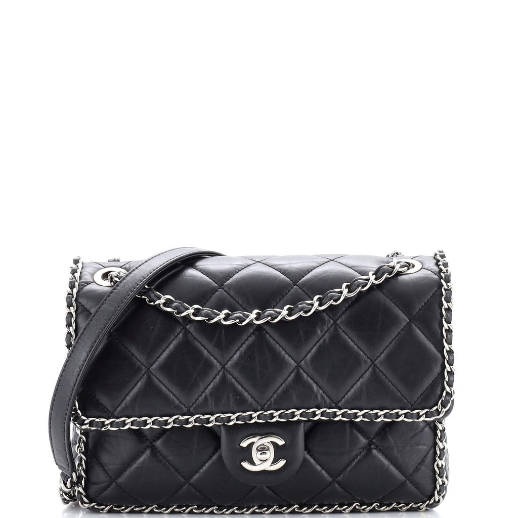 Chanel Running Chain Around Flap Bag Quilted Crumpled Calfskin Medium Black  2171462