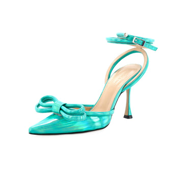 Mach & Mach Women's Double Bow Ankle Strap Pumps Iridescent Leather 100