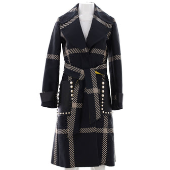 Fendi Women's Button Up Studded Pocket Long Coat Plaid Polyester and Polyamide