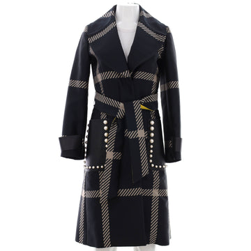 Fendi Women's Button Up Studded Pocket Long Coat Plaid Polyester and Polyamide