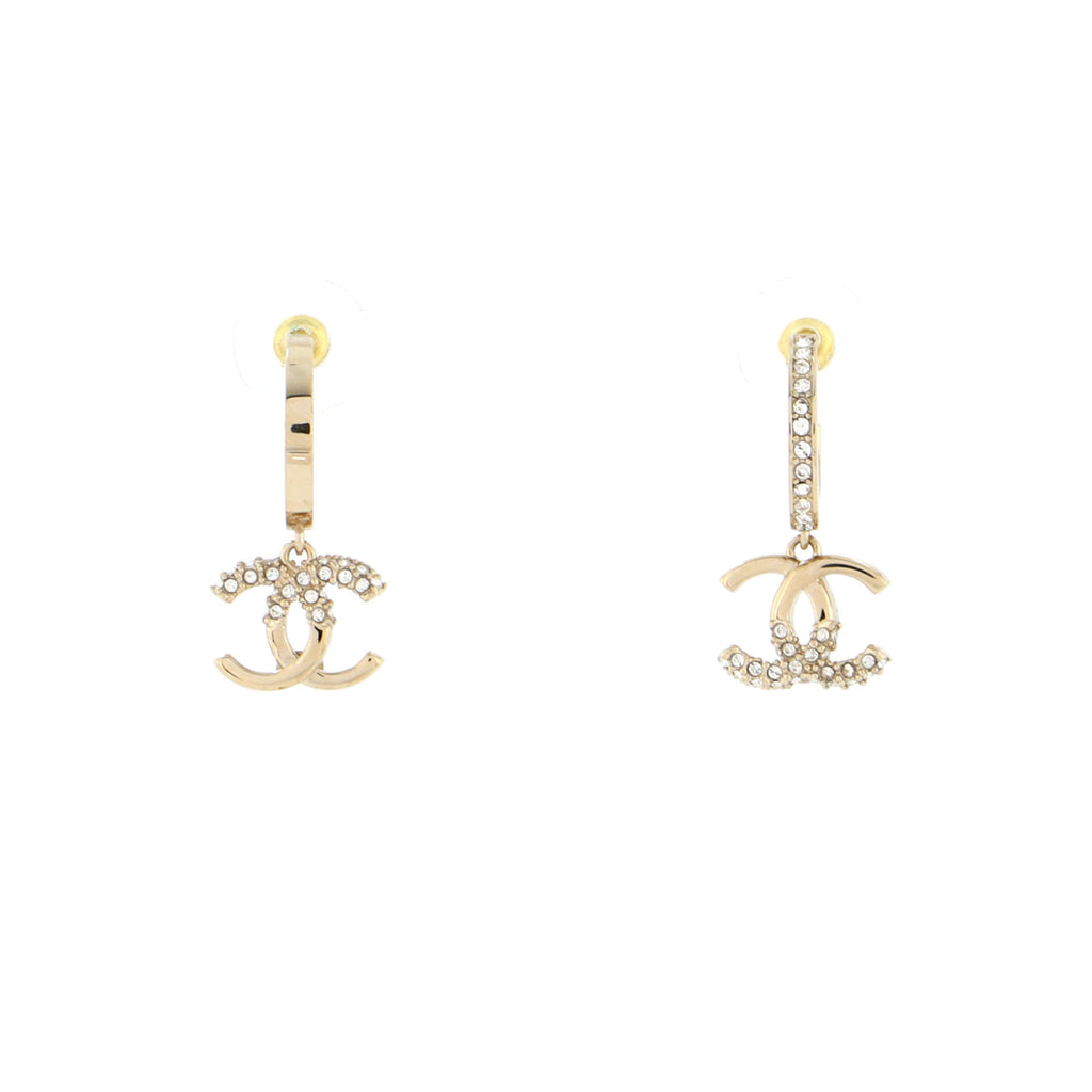 Chanel 2022 Gold Tone Crystal CC Hoop Earrings