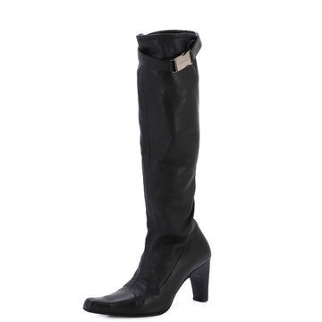 Chanel Women's Logo Buckle Knee High Heeled Boots Leather