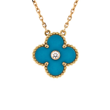 Van Cleef & Arpels Vintage Alhambra Pendant Necklace 18K Yellow Gold and Blue Sevres Porcelain with Diamond