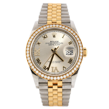 Rolex Oyster Perpetual Datejust Automatic Watch Stainless Steel and Yellow Gold with Diamond Bezel and VI and IX Markers 36