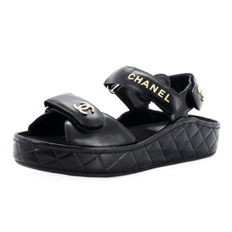 Chanel Women's Logo Velcro Strap Wedge Sandals Quilted Leather