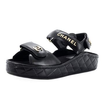 Chanel Women's Logo Velcro Strap Wedge Sandals Quilted Leather