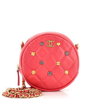 Chanel 18K Charms Round Clutch with Chain Quilted Lambskin Mini Pink