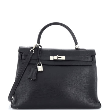 Hermes Kelly Handbag Black Clemence with Palladium Hardware 35