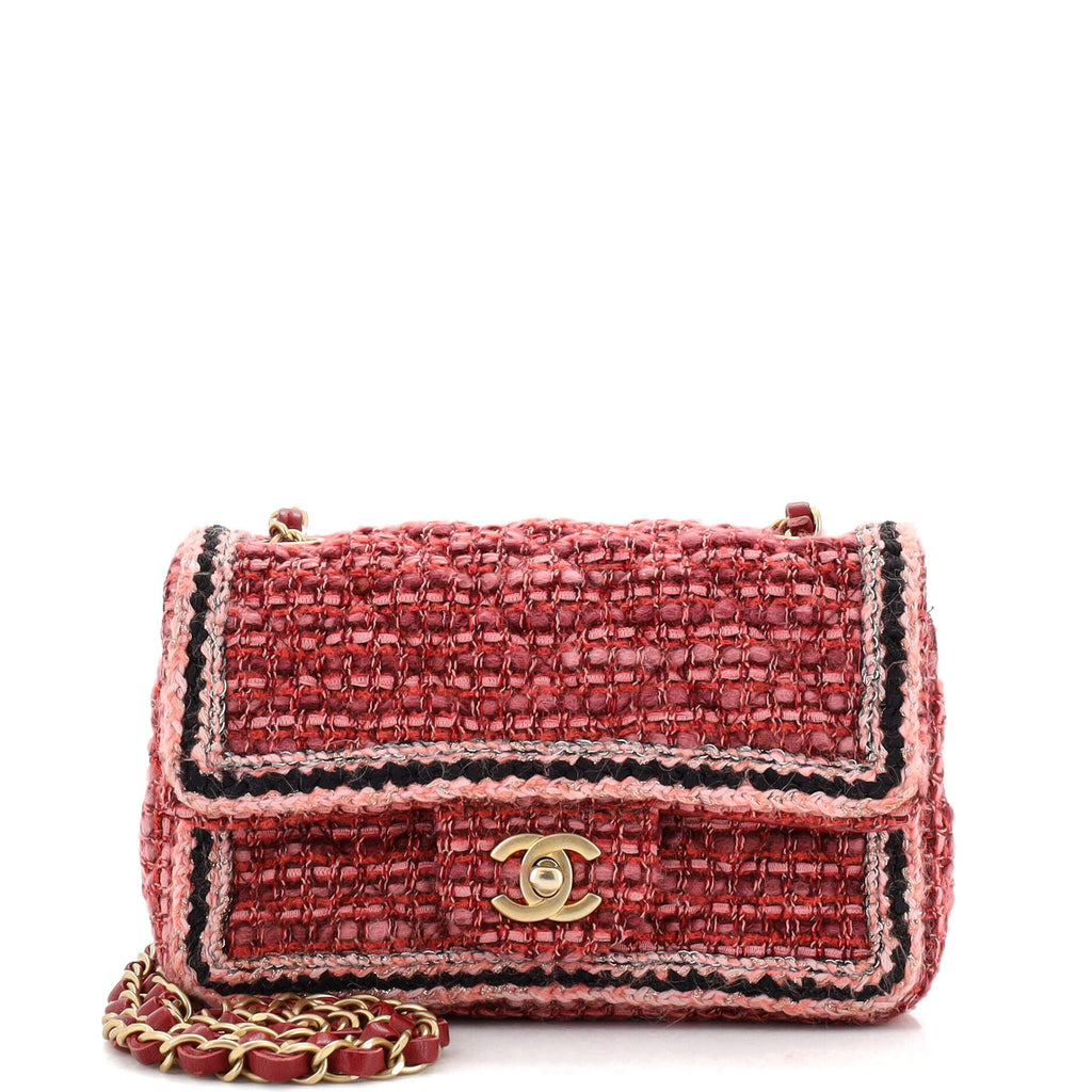 Chanel Classic Single Flap Bag Braided Quilted Tweed Mini Pink 2176861