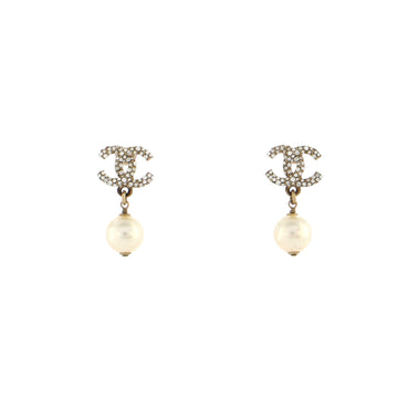 Chanel CC Dangle Earrings Crystal Embellished Metal with Faux Pearls