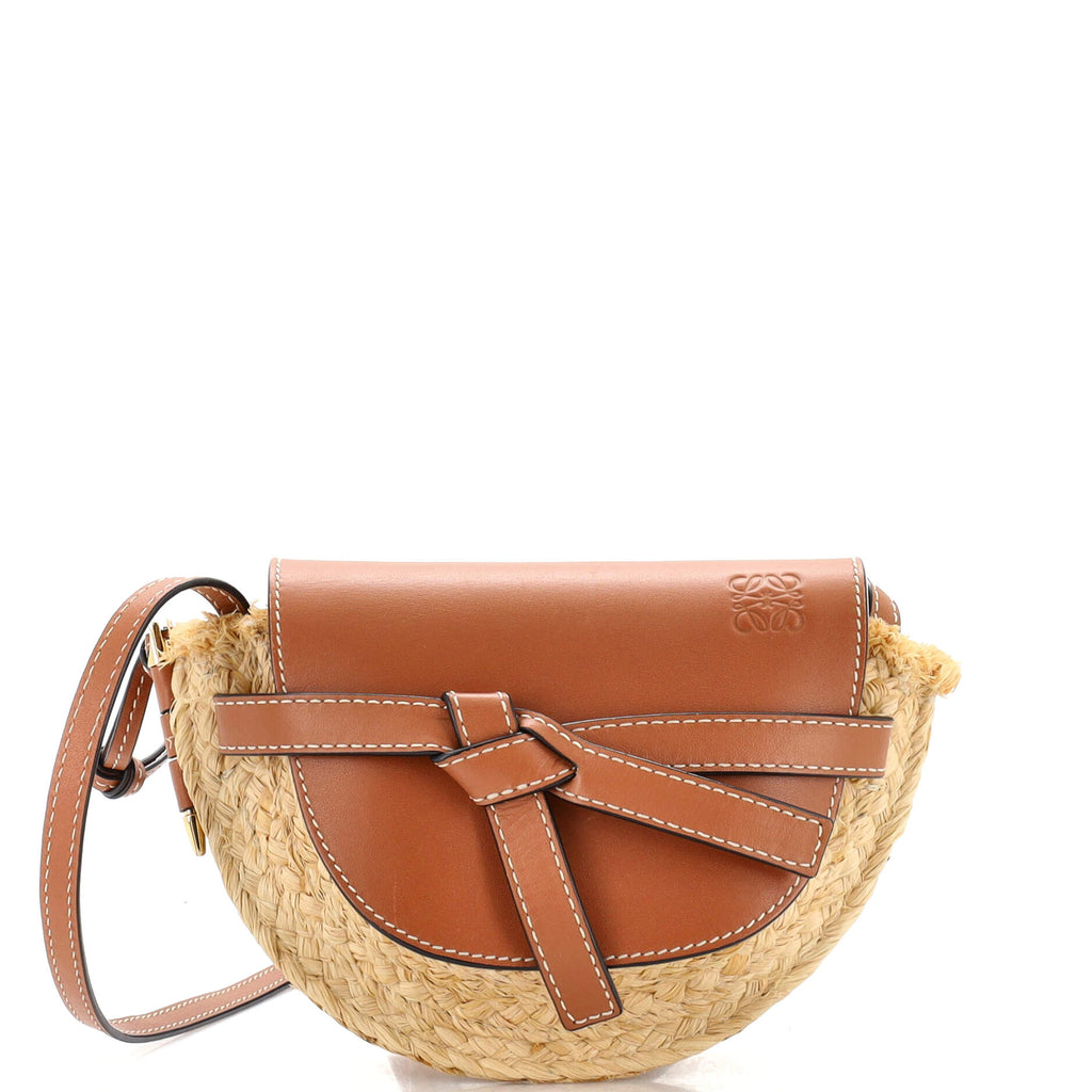 Loewe Gate Small Leather And Raffia Top Handle Bag in Brown