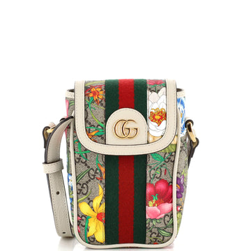 Gucci Ophidia Flap Phone Holder Crossbody Bag Flora GG Coated Canvas