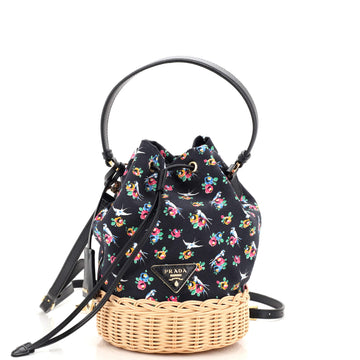 Prada Drawstring Bucket Bag Printed Canvas and Wicker Small
