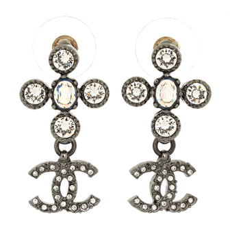 Chanel CC Drop Cross Earrings Metal with Crystals Silver 217940222