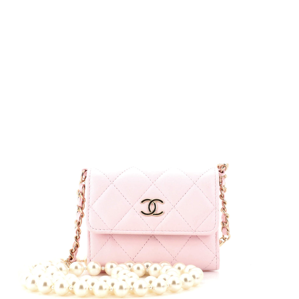 Chanel Pearl Strap Card Holder on Chain Quilted Lambskin Mini Pink 217940299
