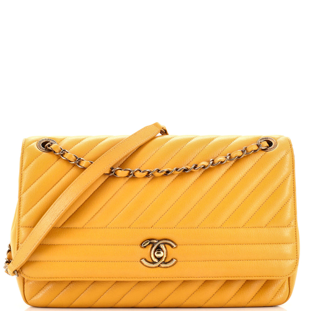 Chanel CC Flap Bag Diagonal Quilted Goatskin Large Yellow 2179406