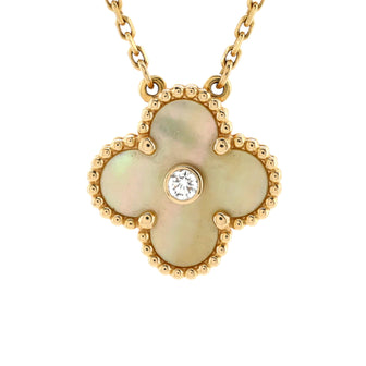 Van Cleef & Arpels Vintage Alhambra Pendant Necklace 18K Yellow Gold and Gold Mother of Pearl with Diamond