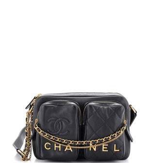 Chanel Logo Twin Pockets Chain Camera Case Quilted Calfskin Small