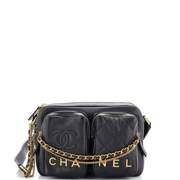 Chanel Logo Twin Pockets Chain Camera Case Quilted Calfskin Small