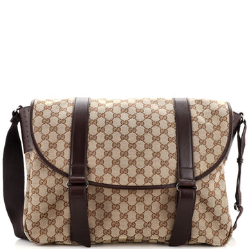 Gucci Double Belt Flap Messenger GG Canvas with Perforated Leather Large