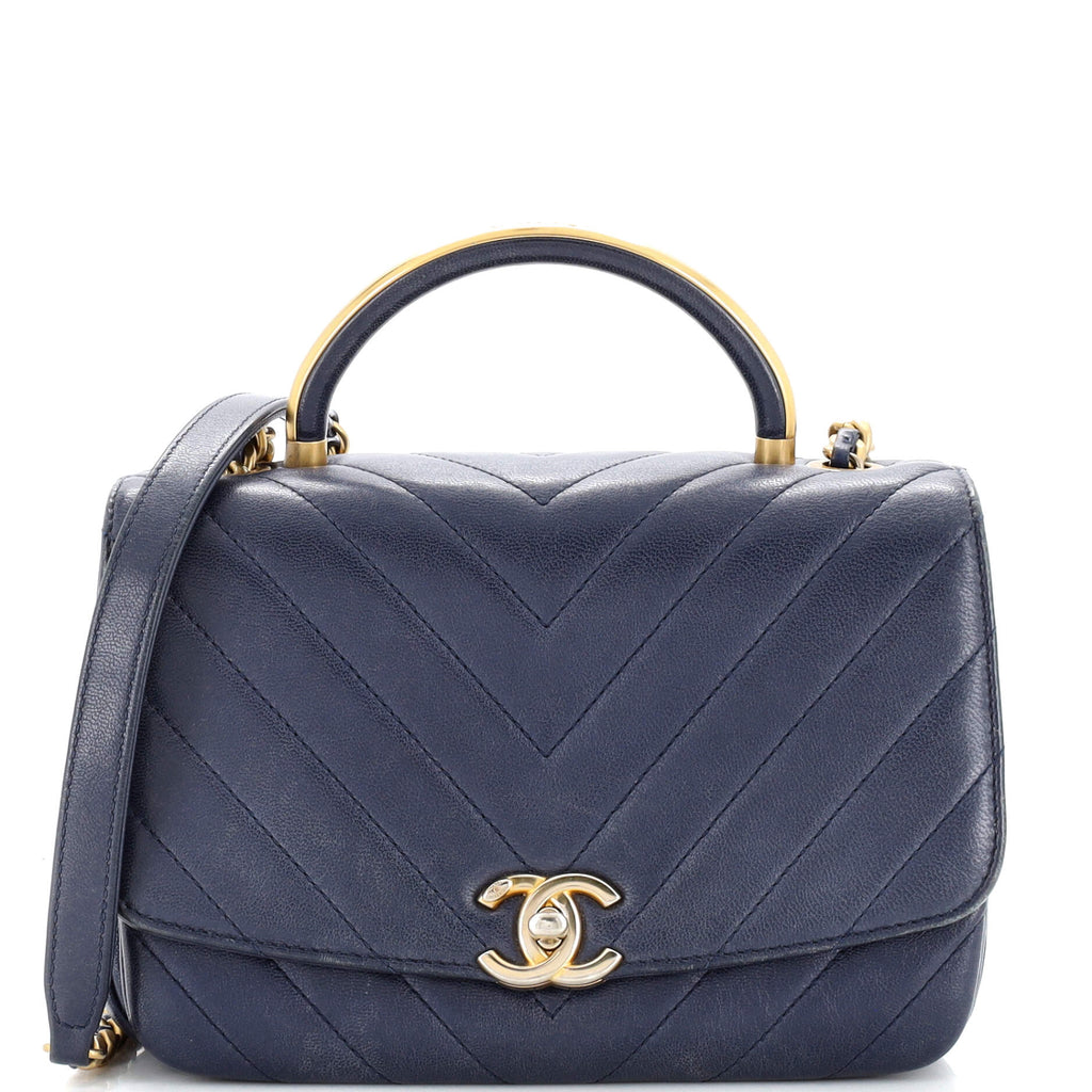 Chanel CC Metal Top Handle Flap Bag Chevron Lambskin Small Blue 218090107